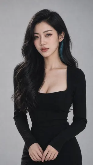 Bai SiChen in a fitted black knit midi dress
