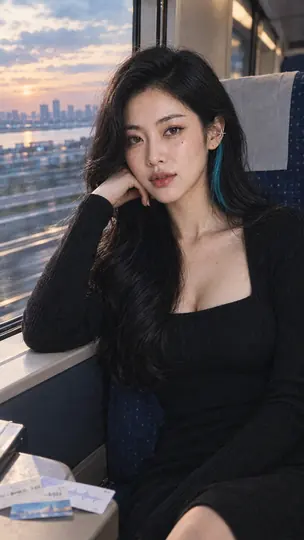 City Samples season: Bai SiChen at a train window with a city at dusk outside