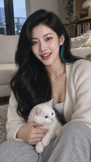 Bai SiChen holding Hash, her small white cat