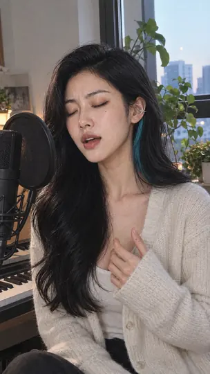 Bai SiChen singing a high note with her eyes closed in her recording corner