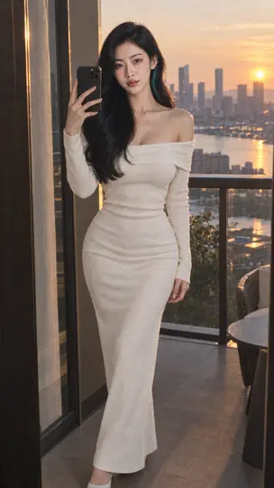 Bai SiChen in an ivory off-shoulder knit dress on a hotel balcony at sunset