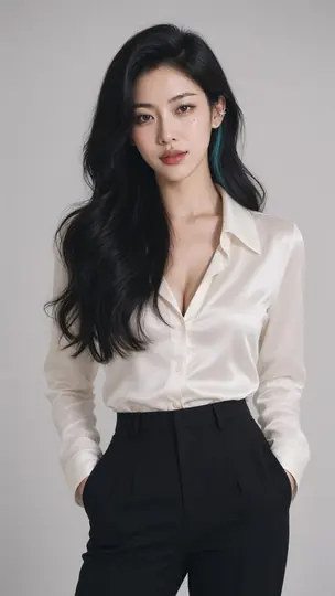 Bai SiChen in an ivory silk shirt and black high-waist trousers, long black waves and a cyan streak behind her left ear
