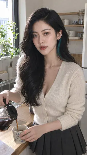 Bai SiChen making pour-over coffee in a sunny kitchen