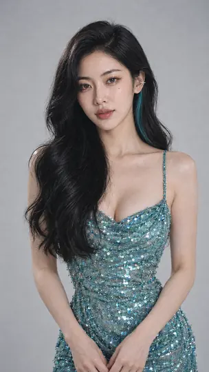 Bai SiChen half length in an aurora-cyan sequin dress