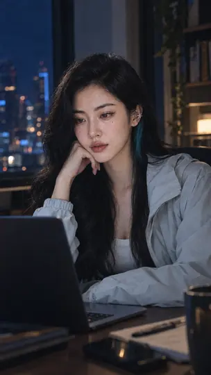 3 A.M. Stars season: Bai SiChen resting her chin on her hand in screen light at night