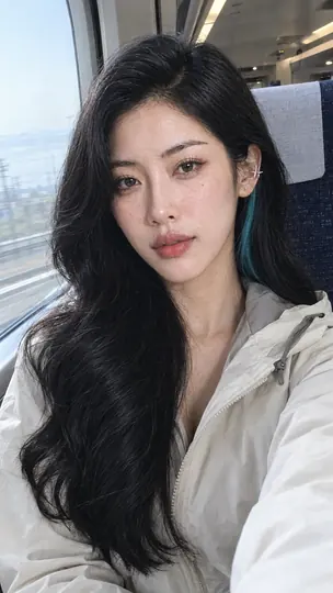 Bai SiChen taking an arm-length selfie at a high-speed train window